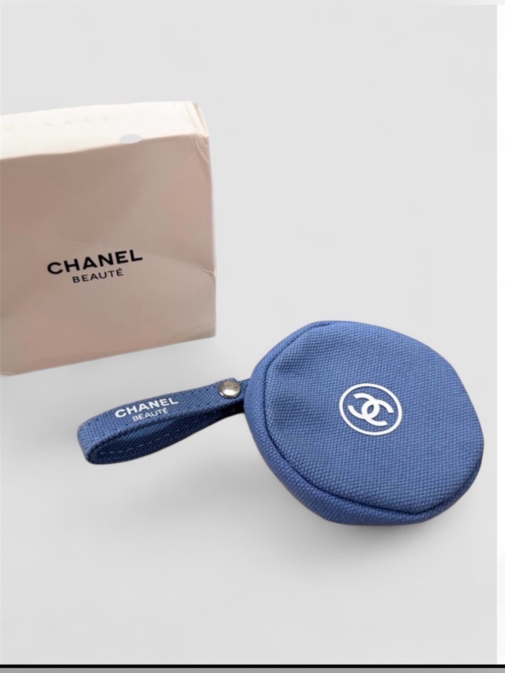 CHANEL Circular Pouch Wristlets Blue & White Canvas Beauty Bag